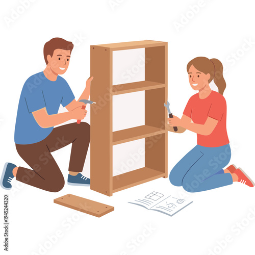 Two people assembling a bookshelf together with tools and instructions