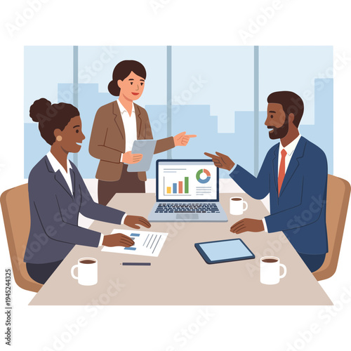 Business team discussing graphs on laptop in office meeting