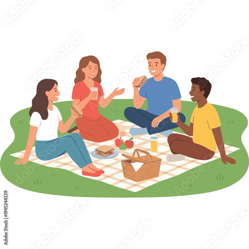 Friends having a picnic on a blanket in the park outdoors