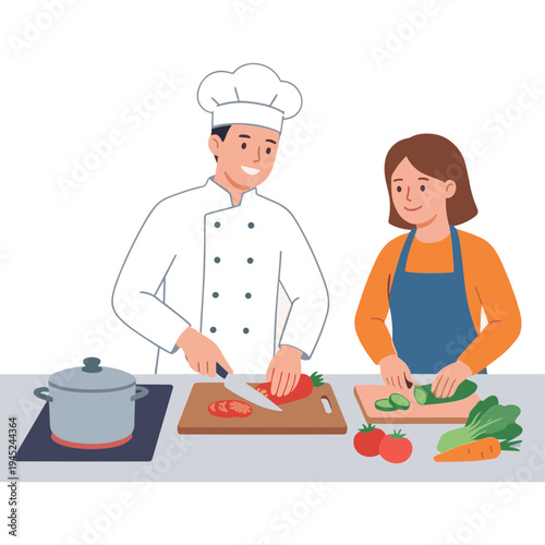 Chef and woman preparing food on kitchen counter with vegetables