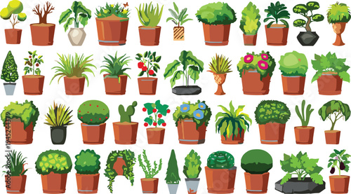 Vector illustration of forty decorative potted plants in diverse containers with unique foliage and flowers, symbolizing gardening, botanical artwork, home decor, and nature-inspired design