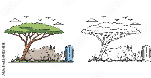 Cartoon rhinoceros resting under an acacia tree and charging from a power bank, featuring colored and black-and-white line art outline versions for a coloring book.
