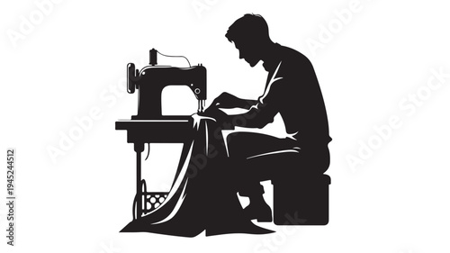 Black silhouette of a man sewing on a machine