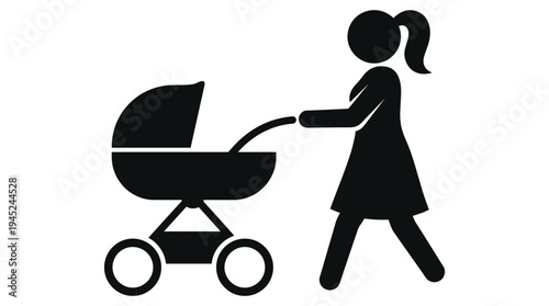 Mother pushing a baby stroller icon representing family and childcare with love and care