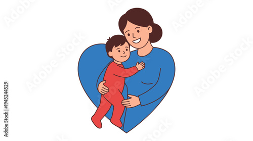 A mother tenderly cradles her child, embracing them with love and care within a heart shape