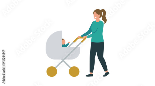 Woman Pushing A Baby Carriage With A Child Inside, Motherhood And Family Moments