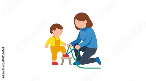 Caring mother patiently teaches her little child how to tie shoelaces, fostering independence and fine motor skills