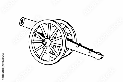 A black and white illustration of a historic cannon with wheels and barrel