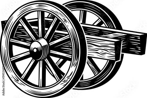 A black and white illustration of a wooden cart wheel with a detailed design