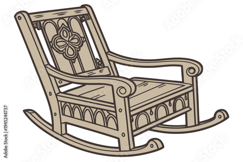 A vintage wooden rocking chair with a floral design on the backrest