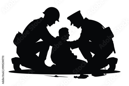 Silhouette of police officers assisting a person on the ground