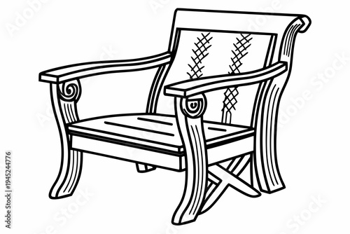 A black and white illustration of a wooden chair with armrests and a backrest