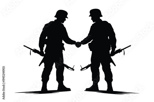 Silhouette of two soldiers shaking hands weapons at their feet