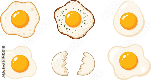 Fried Egg and Broken Egg Collection with Sunny Side Up Eggs, Yolk Variations and Cracked Shell Cooking Ingredient Vector Illustration Set