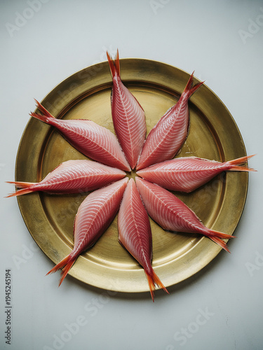 Eight raw fish fillets arranged in a circular, starburst pattern on a round brass plate against a