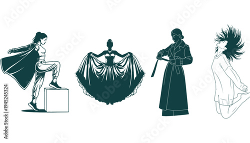 A woman in various poses and outfits in dark green silhouette illustrations