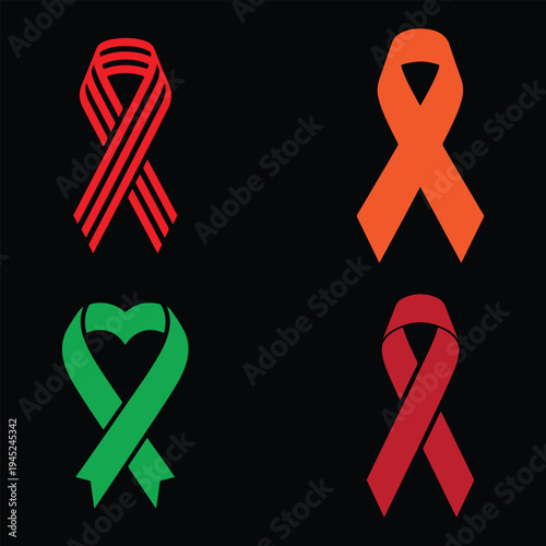 Set of vector awareness ribbon icons isolated on black. Includes red, orange, green heart-shaped, and striped styles.