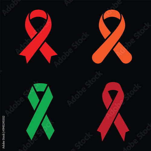 Colorful Vector Awareness Ribbons for Health and Charity Campaigns Isolated on Black.
