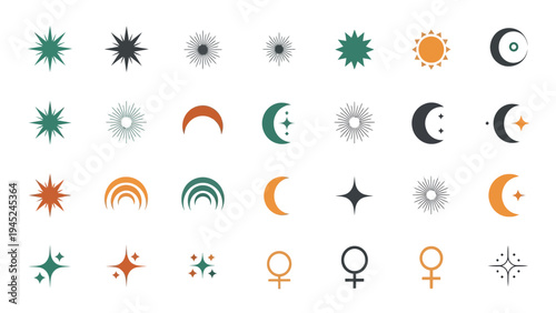 Bohemian celestial and astrological symbols for graphic design, including sun, moon, stars, and rainbow motifs in a minimalist style