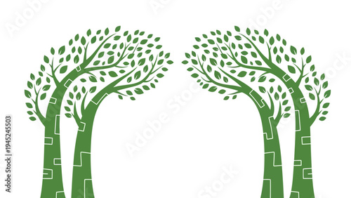 Stylized green tree silhouettes forming an archway frame for environmental and ecology themed design backgrounds