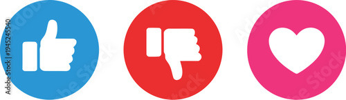Social media reaction icon set with blue thumbs up red thumbs down and pink heart in flat minimal style