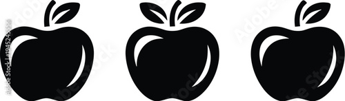 Apple icons featuring fresh red apples with tiny green leaf and slender stem on white background