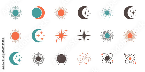Boho celestial icons collection with sun moon stars and abstract atomic shapes in retro aesthetic
