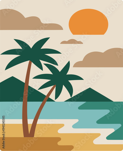 Beach scene artwork poster featuring palm trees sandy shore mountains and large orange sun with brown clouds, travel poster 