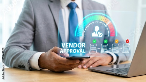 Wallpaper Mural Vendor Approval, Procurement, Supply Chain, Business Process, Digital Transformation, Quality Assurance, Compliance. Professional man managing automated vendor workflow on phone. Torontodigital.ca