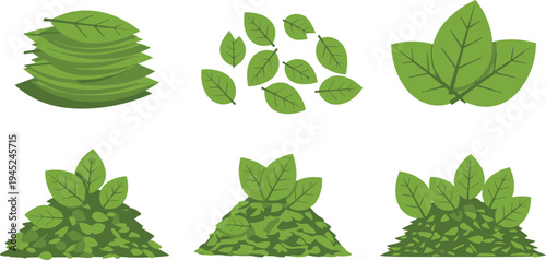 Green Leaf Pile and Foliage Collection with Natural Plant Leaves, Eco Garden Elements, Organic Botanical Icons Set for Nature Design Vector Illustration