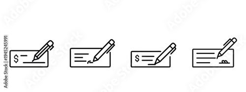 Bank check and signature outline icon set featuring financial payment and document for business transaction and more vector illustration or editable stroke