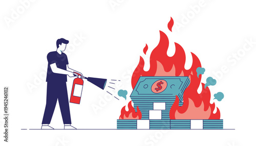 Fireman using fire extinguisher on burning money stack illustration