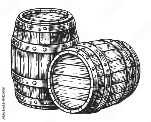 Vintage wooden barrel sketch in black ink line art style.