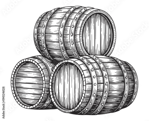 Set of antique wooden barrels in hand drawn line work style.
