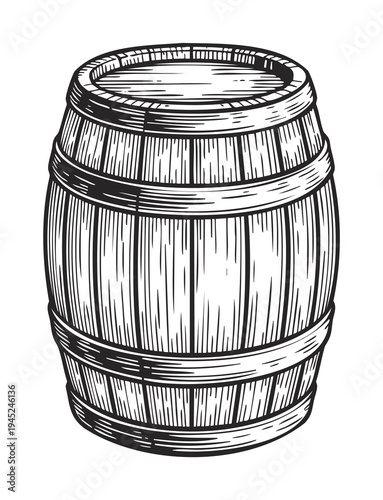 Vintage wooden barrel sketch in black ink line art style.

