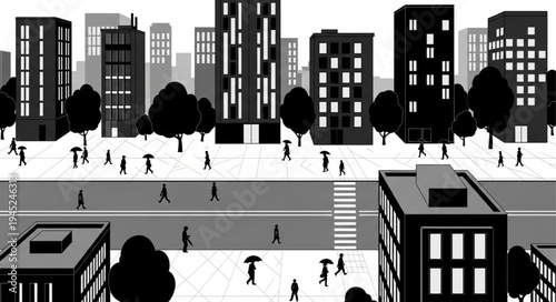 Cityscape with Pedestrians and Buildings in Black and White.