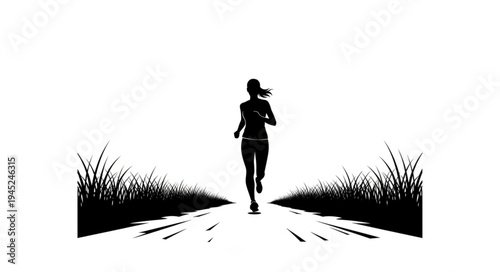 Silhouette of a woman running on a path with grass on the sides.