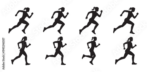 Silhouette set showing female runners in various dynamic running poses for exercise