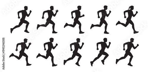 Row of male runners silhouettes demonstrating various forward movement stages for jogging