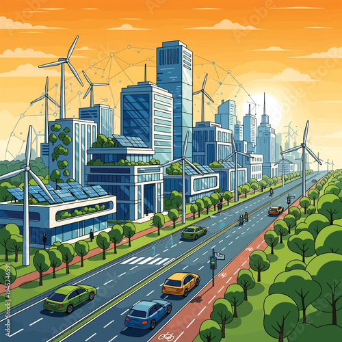 Cityscape with wind turbines and solar panels on buildings under orange sunset