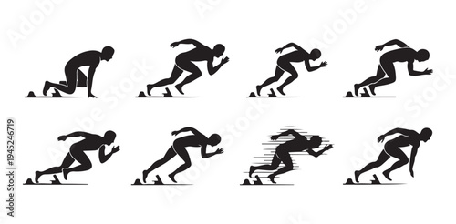 Runner in starting stance accelerating with speed lines and dynamic motion sequence icons