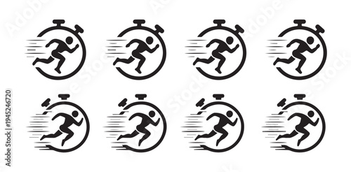 Running stopwatch icons showing runner motion inside clock face representing time and speed