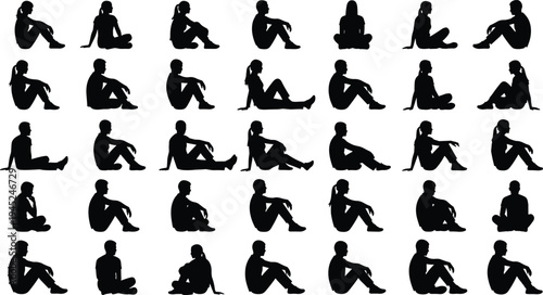 Silhouettes of thirty‑five seated human figures in diverse postures and poses, symbolizing ergonomics, posture study, animation reference, design illustration, and human behavior analysis