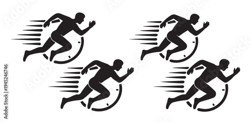 Dynamic runner silhouette with speed lines next to timer symbol representing fast pace activity