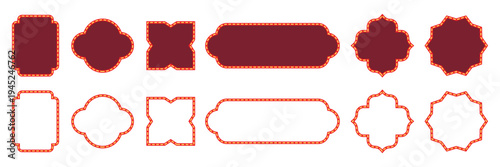 Collection of geometric marquee frames. Vintage cinema ticket borders, retro theater decorative shapes, ornamental red and gold label set. Blank classic heraldic plaque badges vector illustration.