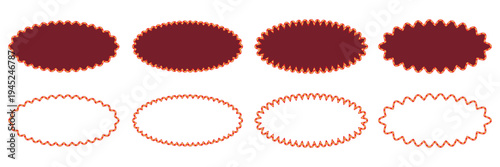 Set of oval zigzag scalloped frames. Vintage retro theatre marquee border badges, ornamental cinema ticket shapes, blank sunburst label collection vector illustration.