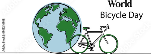 World Bicycle Day on the background of a globe with a bike and leaves, World bicycle day hand drawn flat illustration World Bicycle Day creative unique green natural environment, World Bicycle Day