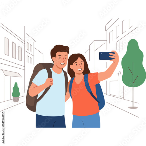 Two young travelers taking a selfie on a city street with backpacks