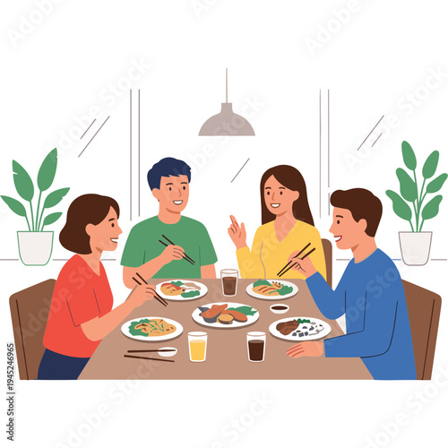 Family eating dinner together at home with food and drinks on table