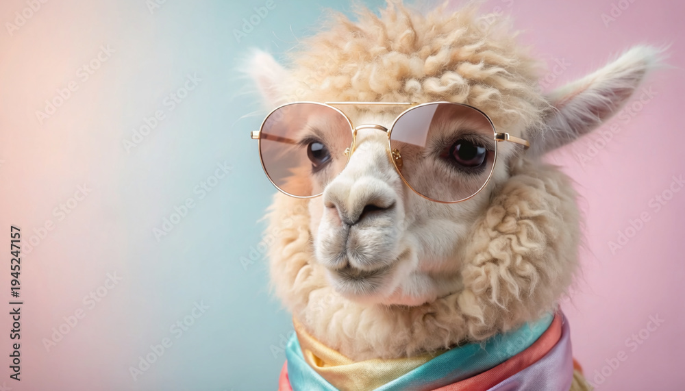 Fototapeta premium Stylish Alpaca Wearing Sunglasses With Colorful Scarf Portrait